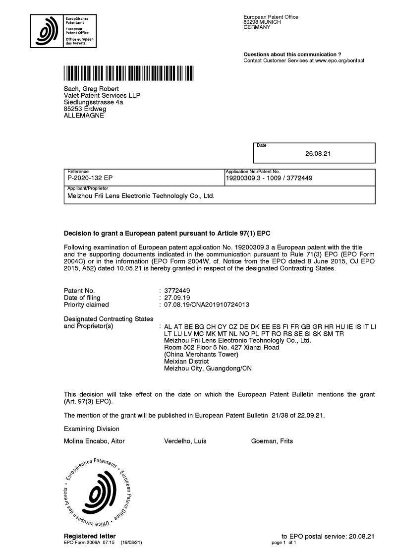 European Patent authorization decision :  A BRAKE WARNING DEVICE MOUNTED ON A BICYCLE OR MOTORCYCLE HANDLE 1/2 